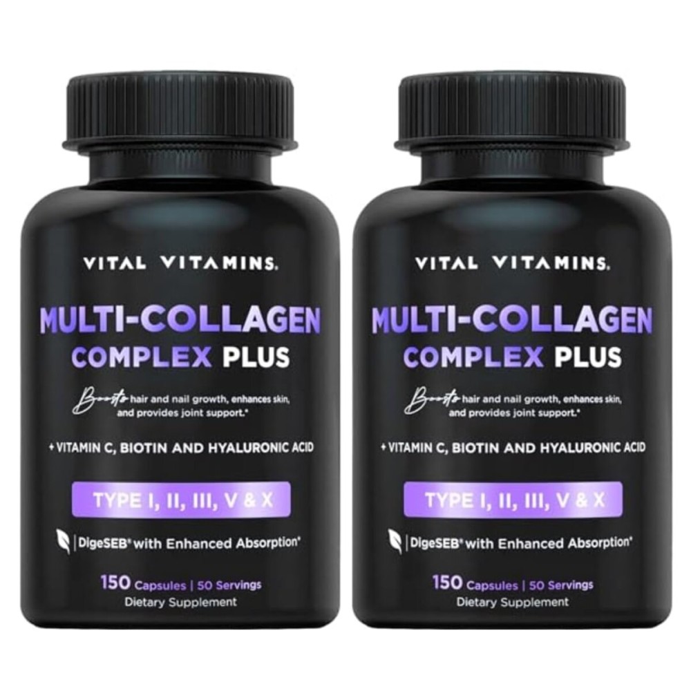 Vital Vitamins Multi Collagen Plus (2-Pack) - with Biotin, Hyaluronic Acid, Vitamin C - Type I, II, III, V, X - for Women & Men - Hair, Skin, Nails Beauty Complex