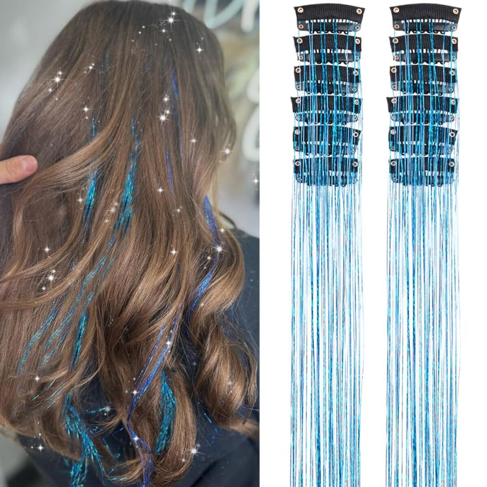 Sky Blue Fairy Hair Tinsel Kit Pack of 12 Pcs Clip in Hair Tinsel Kit 20 Inch Glitter Blue Tinsel Hair Extensions Festival Gift Tinsel Fairy Hair Extension Party Dazzle Hair (12Pcs,Sky Blue)