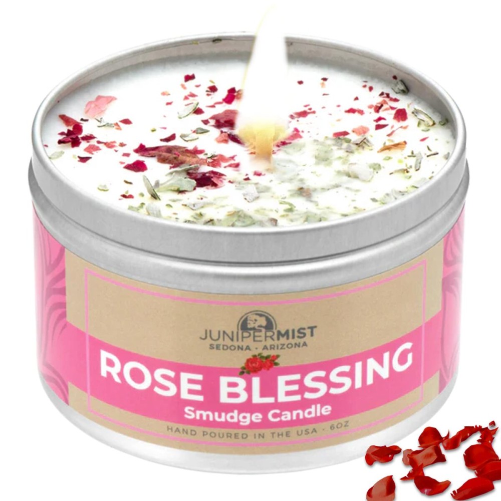 Rose Smudge Candle (6oz) Love and Healing - Energy Cleansing Candle - Real Sage & Essential Oils - Spiritual for Protection, Meditation & Manifestation - Soy-Based - Made in The USA