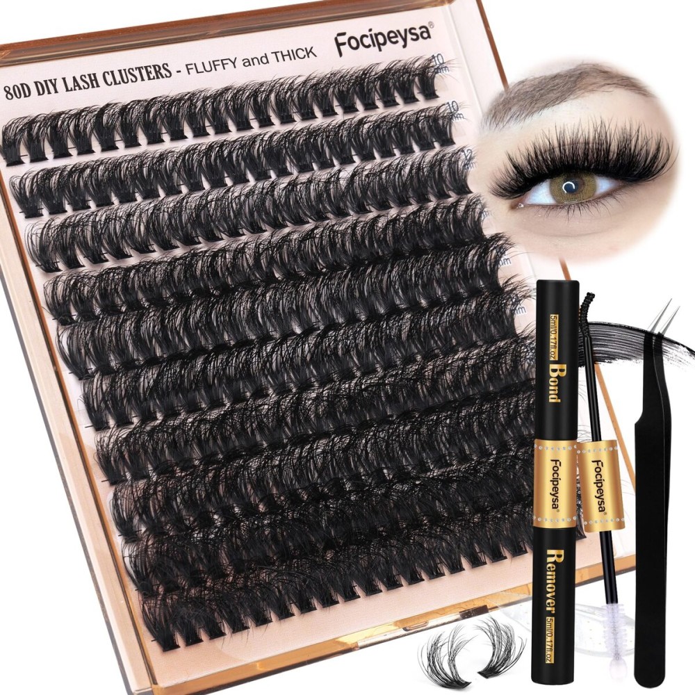 Focipeysa Eyelash Extension Kit, 200pcs 80D Mink Fur False Eyelashes, 10-18mm DIY Lash Clusters, Matte Black, Vegan, Cruelty Free, Includes Lash Bond & Remover, Tweezers