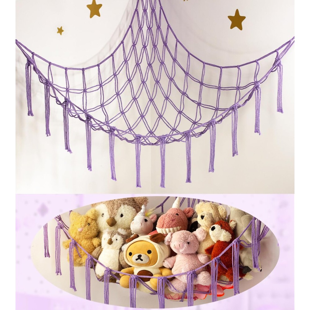 Stuffed Animal Storage Hammock or Net - Toy Hammock Net for Stuffed Animals Corner - Hanging Stuff Animal Organizer Holder Ideas for Plush Plushie - Purple Kids Baby Nursery Wall Bedroom Room Decor