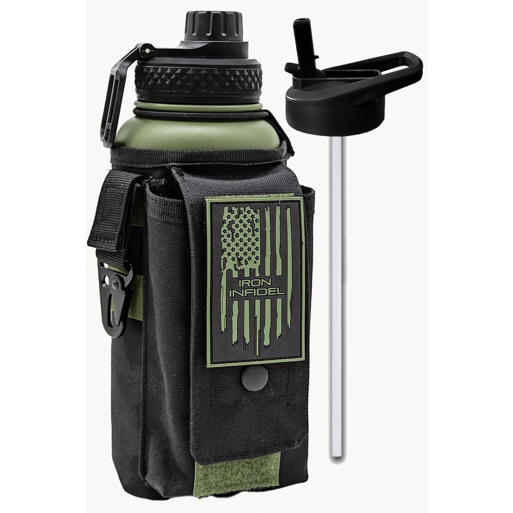 Iron Infidel Battle Bottle - 32 Oz Insulated Water Bottle with Straw Lid & Chug Cap, Stainless Steel Metal Flask Includes Rugged, Removable Sleeve for Keys, Wallet, & Phone (Widowmaker 1 Liter)