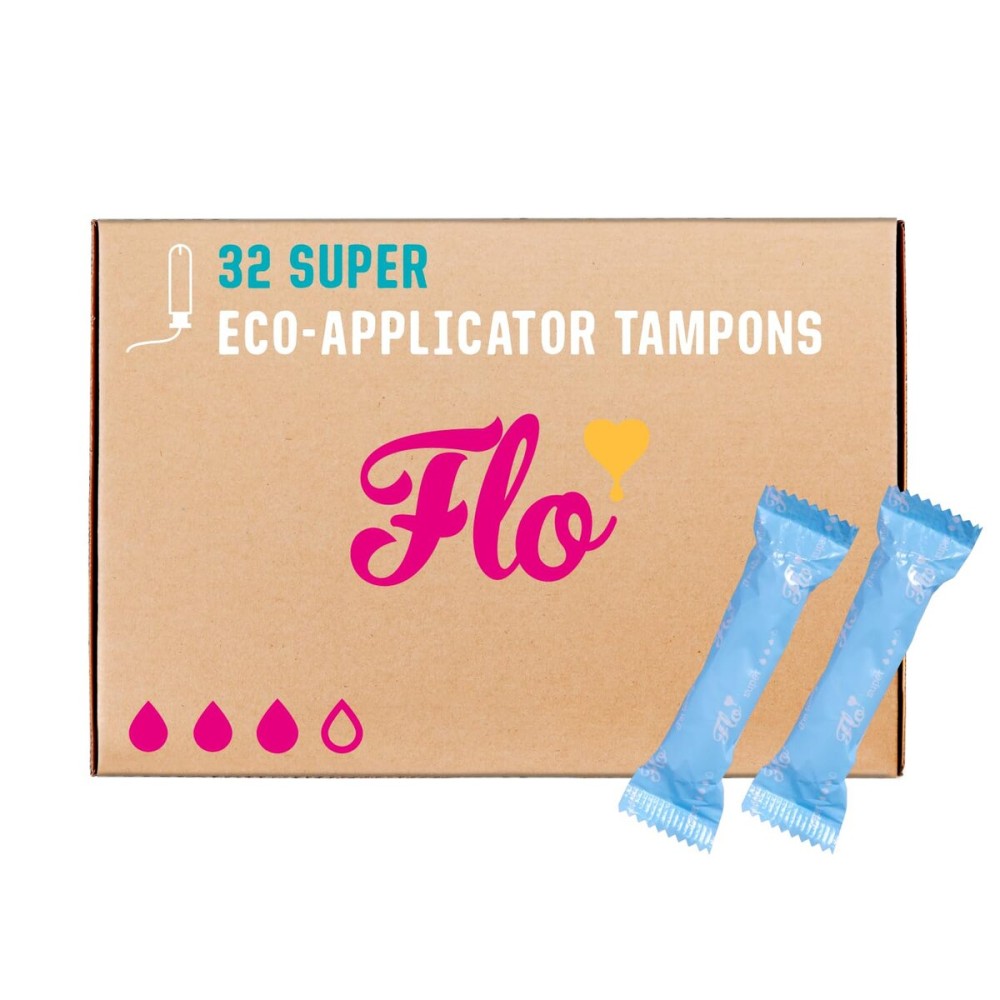 Flo - Organic Cotton Tampons for Women - 32 Pack (32 Super Tampons) - Leak Proof - No Synthetic Fibers, Chlorine Bleach, or Added Dyes - Bio-Plastic Applicator - Feminine Care - Vegan & Cruelty Free