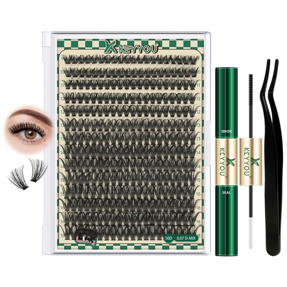 DIY Lash Extension Kit 280pcs Individual Lashes D Curl Eyelash Extension Kit KEYYOU 50D 9-18Mix Natural Lash Clusters with Lash Bond and Seal and Lash Applicator for DIY at Home(KIT-50D-0.07D-9-18Mix)