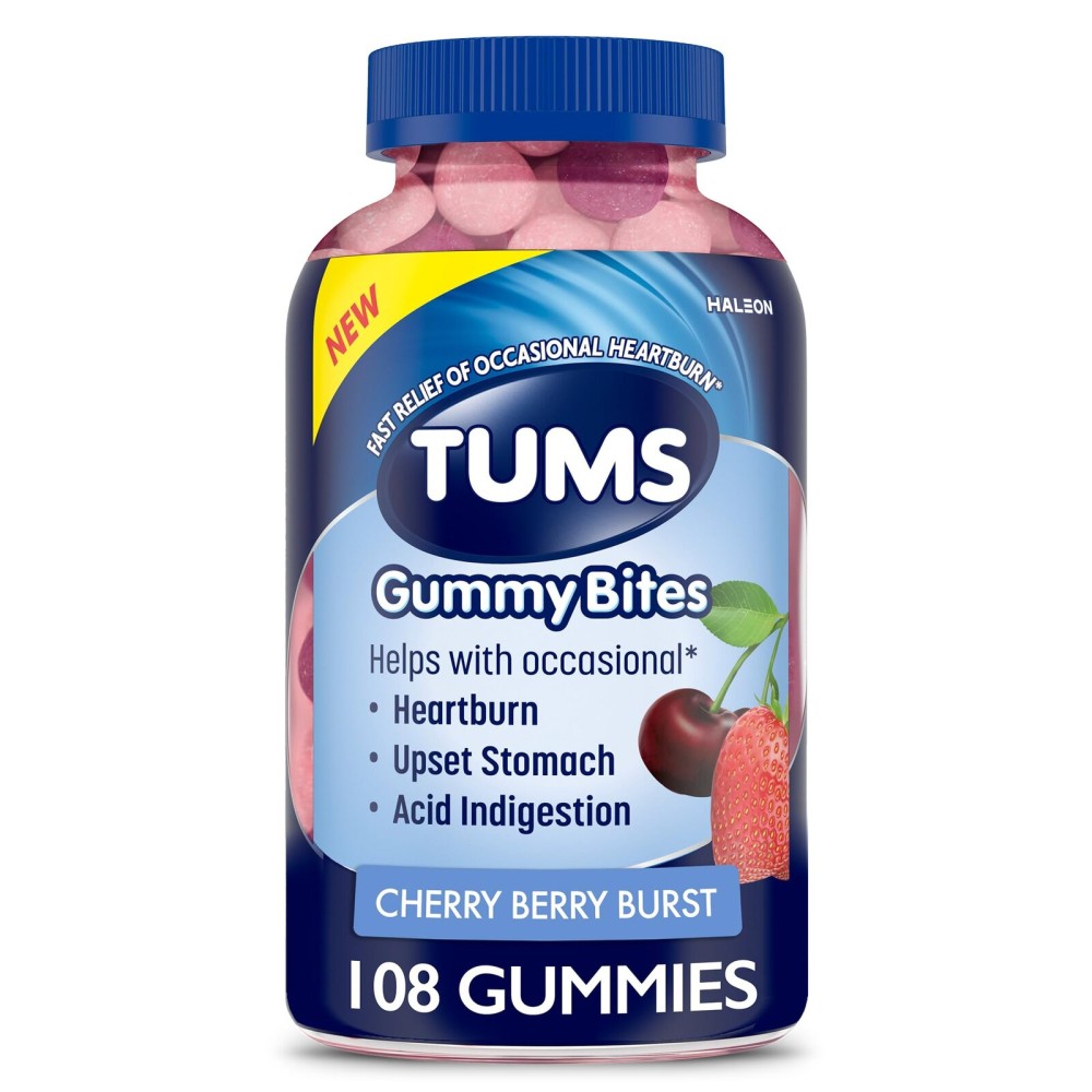 TUMS Gummy Bites Dietary Supplement for Occasional Heartburn Relief, Upset Stomach and Acid Indigestion, Great for a Summer BBQ - Cherry Berry Burst - 108 Count