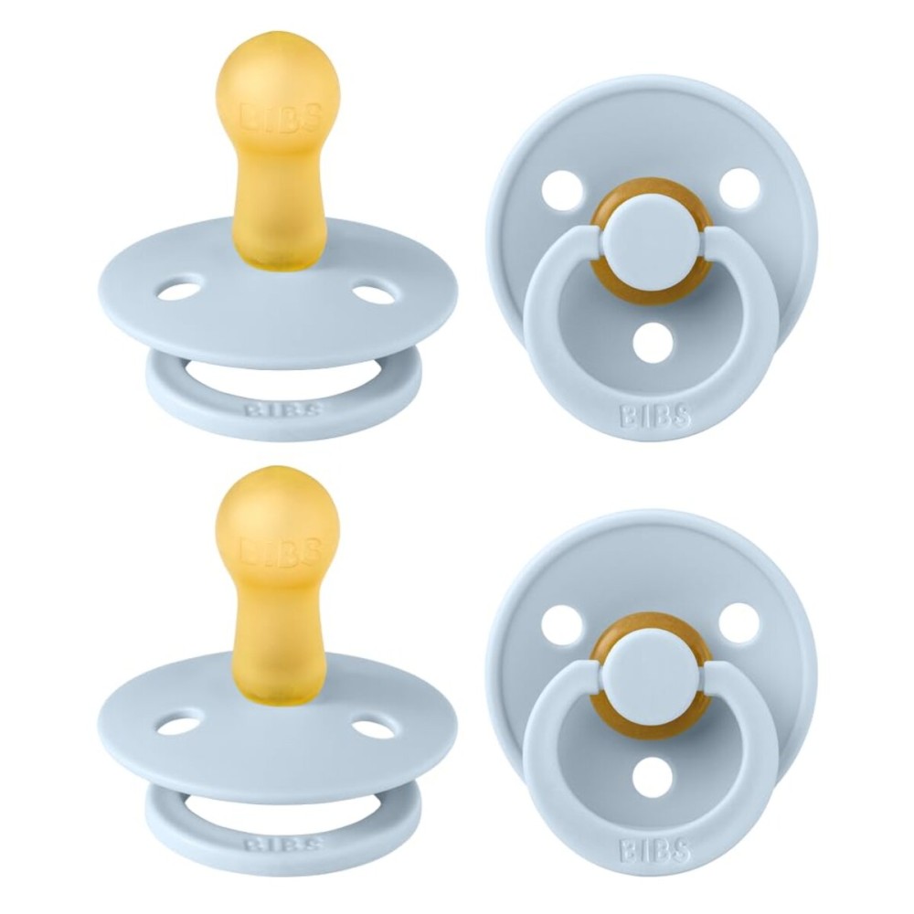 BIBS Colour Pacifier 4-Pack, BPA Free Dummy Pacifier, Round Nipple. Natural Rubber Latex, Made in Denmark, Size 2 (6-18 Months), Baby Blue