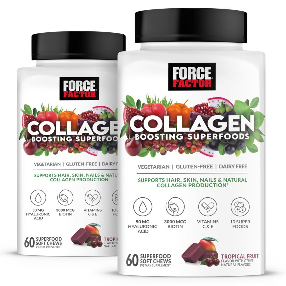 FORCE FACTOR Collagen Boosting Superfoods, Vegan Collagen Booster for Women, With Biotin, Hyaluronic Acid, and Vitamin C, For Hair, Skin, Nails, & Joint Support, Tropical Fruit, 120 Soft Chews, 2-Pack
