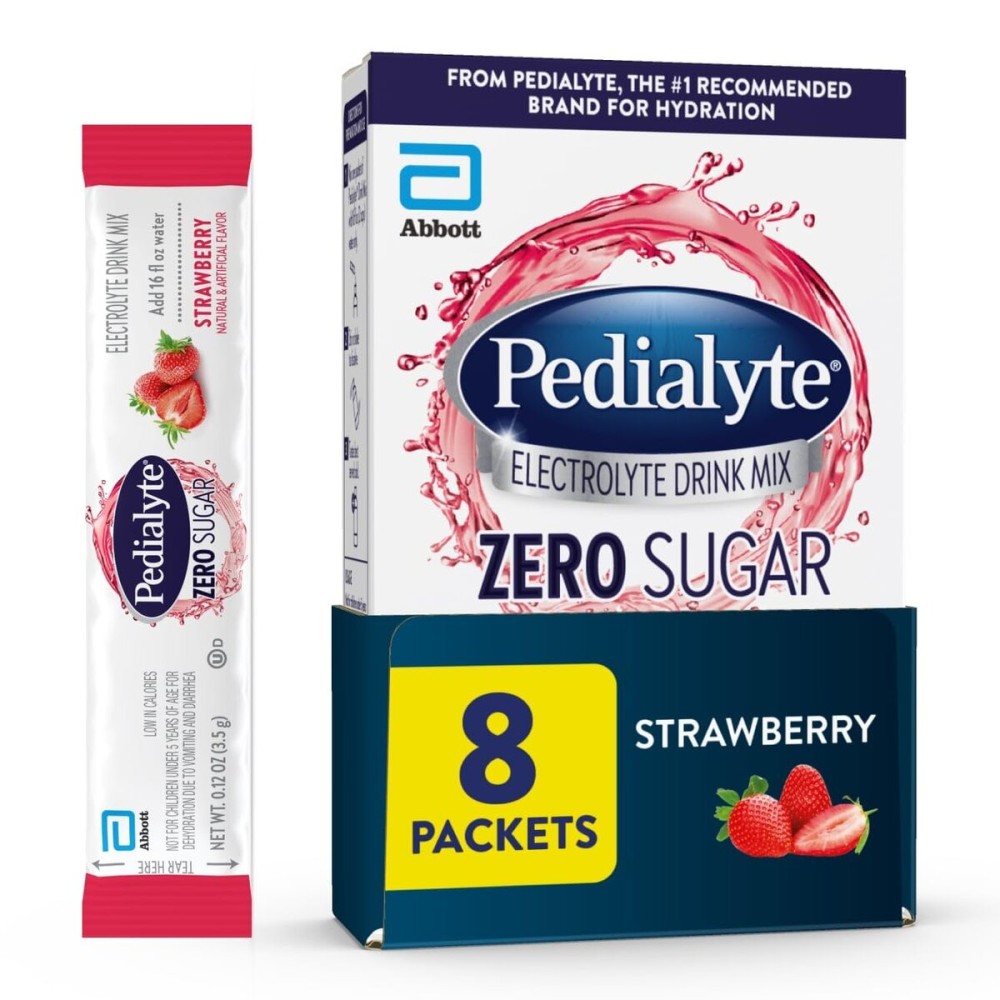 Pedialyte Electrolyte Drink Mix With Zero Sugar | Hydration With Key Electrolytes | Great Hydration Low in Calories | Strawberry, 8 Powder Packets