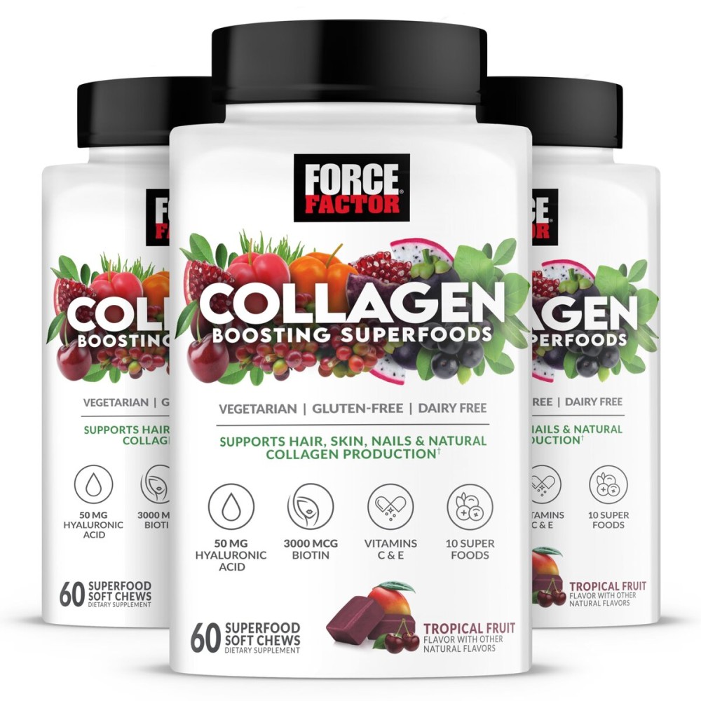 FORCE FACTOR Collagen Boosting Superfoods, Vegan Collagen Booster for Women, With Biotin, Hyaluronic Acid, and Vitamin C, For Hair, Skin, Nails, & Joint Support, Tropical Fruit, 180 Soft Chews, 3-Pack