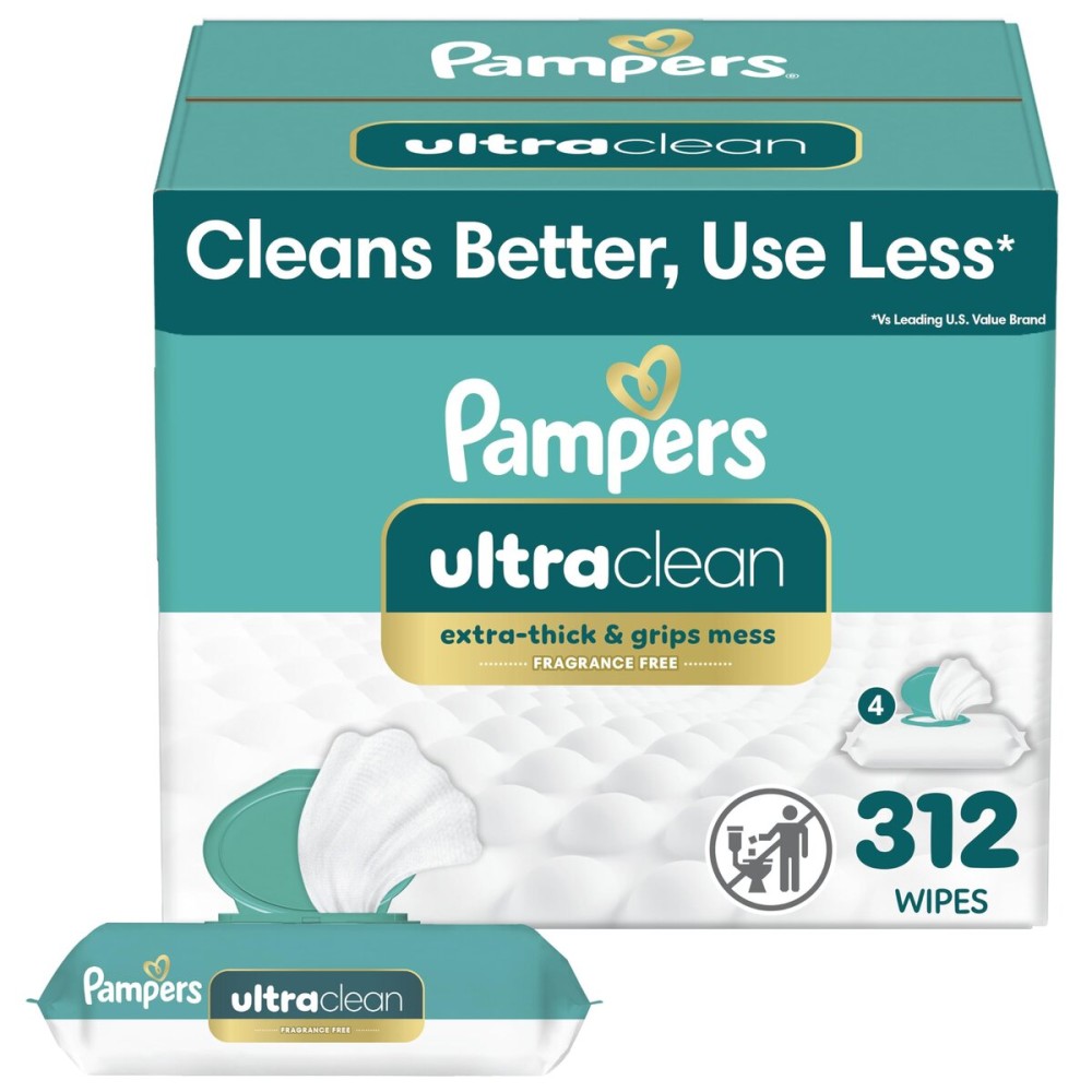 Pampers Ultra Clean Baby Wipes (Previously \'Free & Gentle\'), 99% Water, Hypoallergenic, Unscented, 100% Plant Based, Plastic-Free, 312 Baby Wipes Total (4X Flip-Top Packs) [Packaging May Vary]