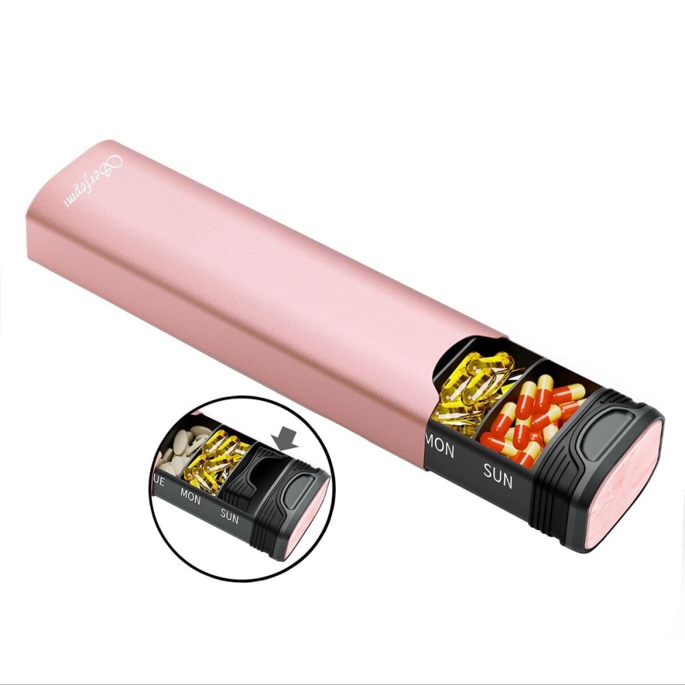 Metal Weekly Pill Organizer, Serfeymi Aluminum Daily Pill Box,7 Day Pill Case Travel Medicine Organizer,Pill Containers(Spare Gasket) for Vitamins, Fish Oils,Pills, Supplement(NO LID)- Pink