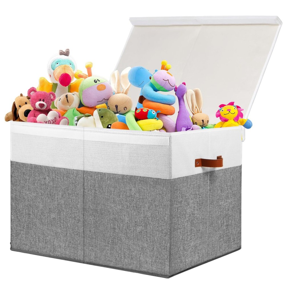 Large Toy Storage Box with Lid, Sturdy Toys Storage Chest Bin Organizer Basket with Dividers for Kids, Boys, Girls, Nursery, Closet, Bedroom, Playroom 26x17 x17 (Grey and White)