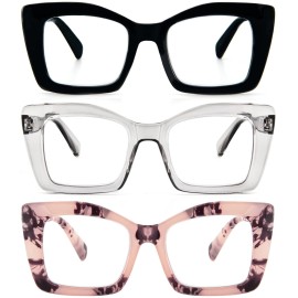 REAVEE 3 Pack Oversized Square Reading Glasses Oprah Style for Women, Blue Light Blocking Large Frame Computer Designer Fashion Readers with Spring Hinge (Black/Pink Tortois/Grey,1.75)