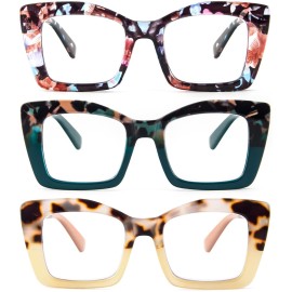 REAVEE 3 Pack Oversized Square Reading Glasses Oprah Style for Women, Blue Light Blocking Large Frame Computer Designer Fashion Readers with Spring Hinge (Flower/Blue/Green,3.0)