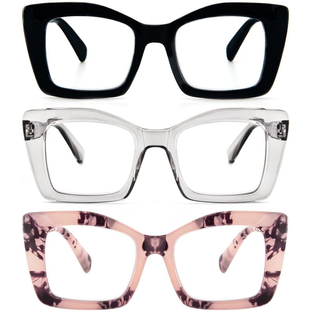 REAVEE 3 Pack Oversized Square Reading Glasses Oprah Style for Women, Blue Light Blocking Large Frame Computer Designer Fashion Readers with Spring Hinge (Black/Pink Tortois/Grey,1.5)