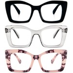 REAVEE 3 Pack Oversized Square Reading Glasses Oprah Style for Women, Blue Light Blocking Large Frame Computer Designer Fashion Readers with Spring Hinge (Black/Pink Tortois/Grey,1.5)