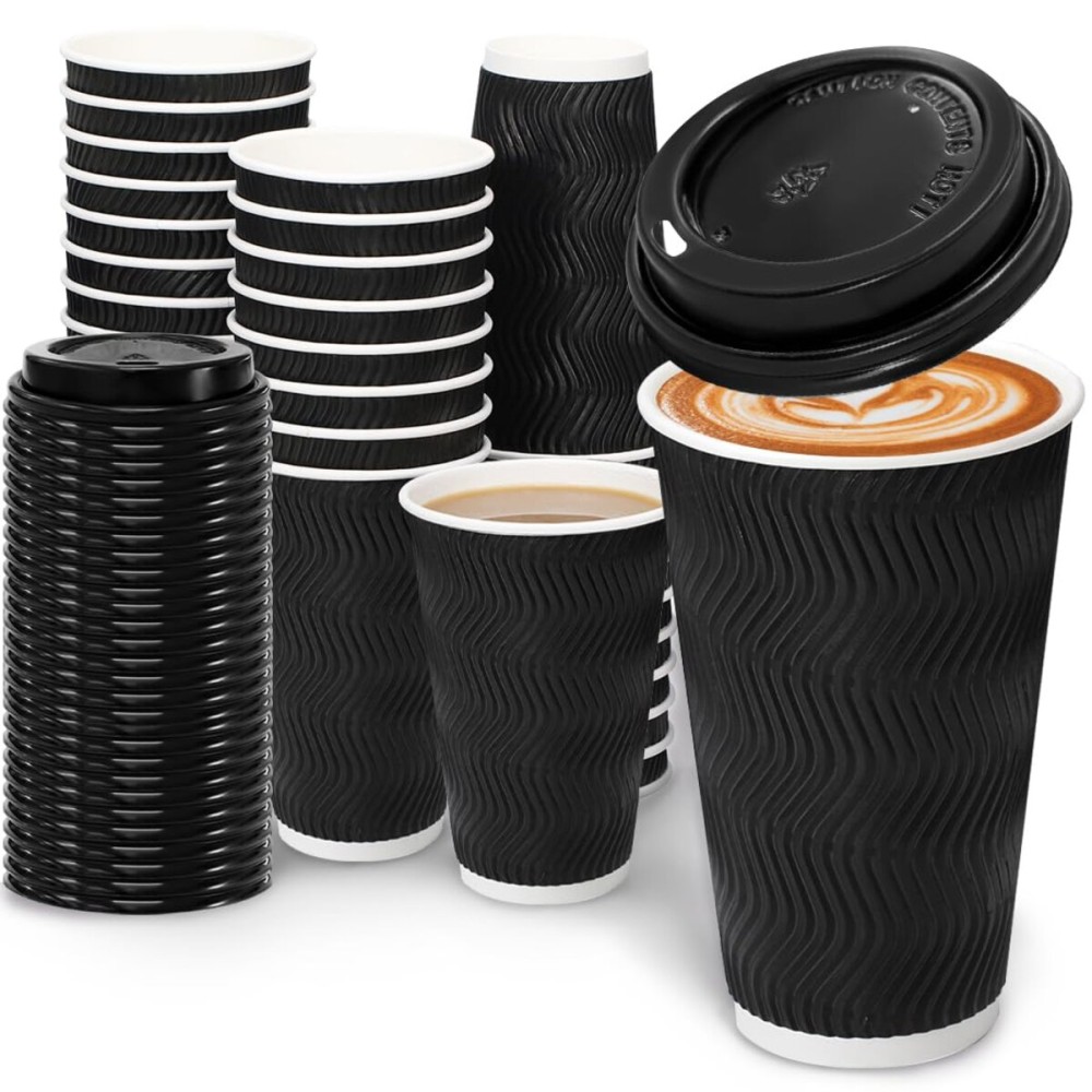 BYSNOW 16 oz Coffee Cups with Lids, 100 Pack Disposable Coffee Cups Insulated Ripple Paper Cups for Water, Juice, Espresso (Black 16 oz)