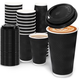 BYSNOW 16 oz Coffee Cups with Lids, 100 Pack Disposable Coffee Cups Insulated Ripple Paper Cups for Water, Juice, Espresso (Black 16 oz)