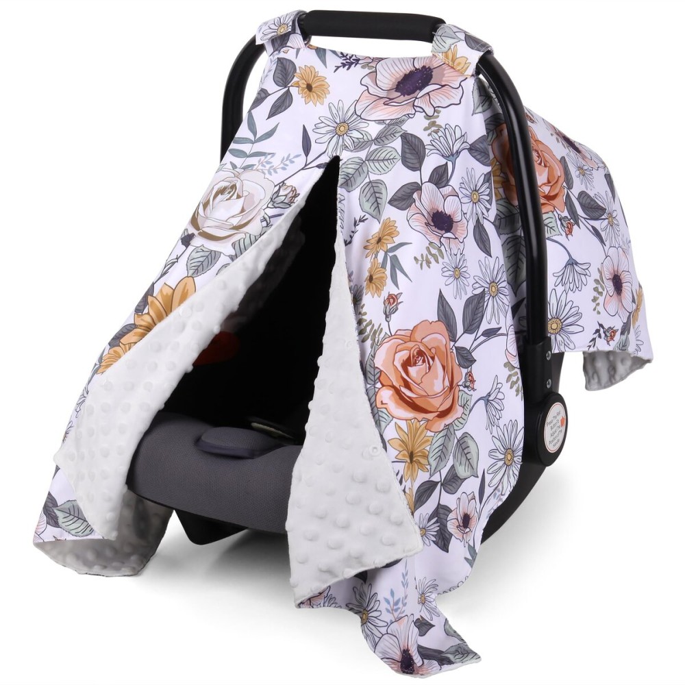 Rquite Baby Car Seat Cover, Carseat Covers Baby Girl, Minky Infant Car Seat Cover Winter, Peekaboo Opening Car Seat Canopy, Multi-use Baby Carrier, Stroller, Nursing Cover, Minky Blanket, Floral
