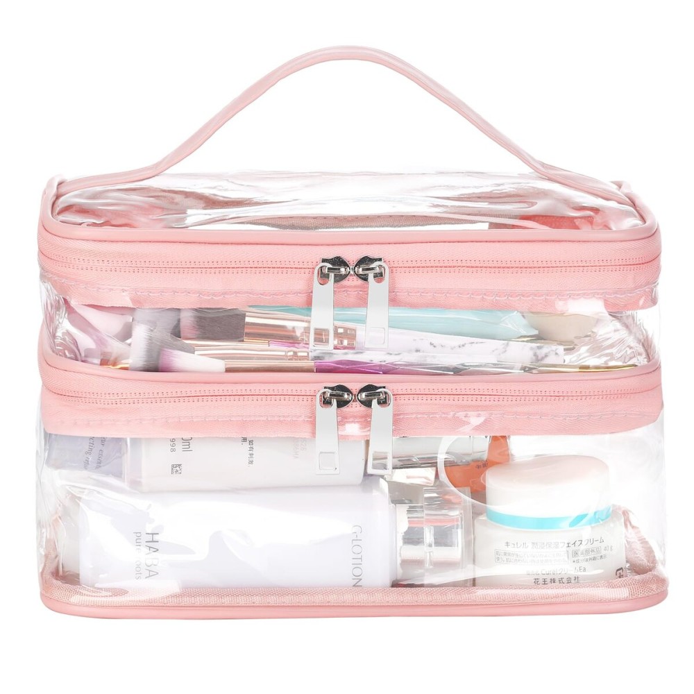 HAOGUAGUA Double Layer Clear Cosmetic Bag Makeup Bag, Waterproof Travel Toiletry Bag, Transparent PVC Pouch Organizer (Pink Large)