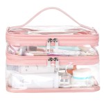 HAOGUAGUA Double Layer Clear Cosmetic Bag Makeup Bag, Waterproof Travel Toiletry Bag, Transparent PVC Pouch Organizer (Pink Large)