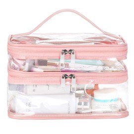 HAOGUAGUA Double Layer Clear Cosmetic Bag Makeup Bag, Waterproof Travel Toiletry Bag, Transparent PVC Pouch Organizer (Pink Large)