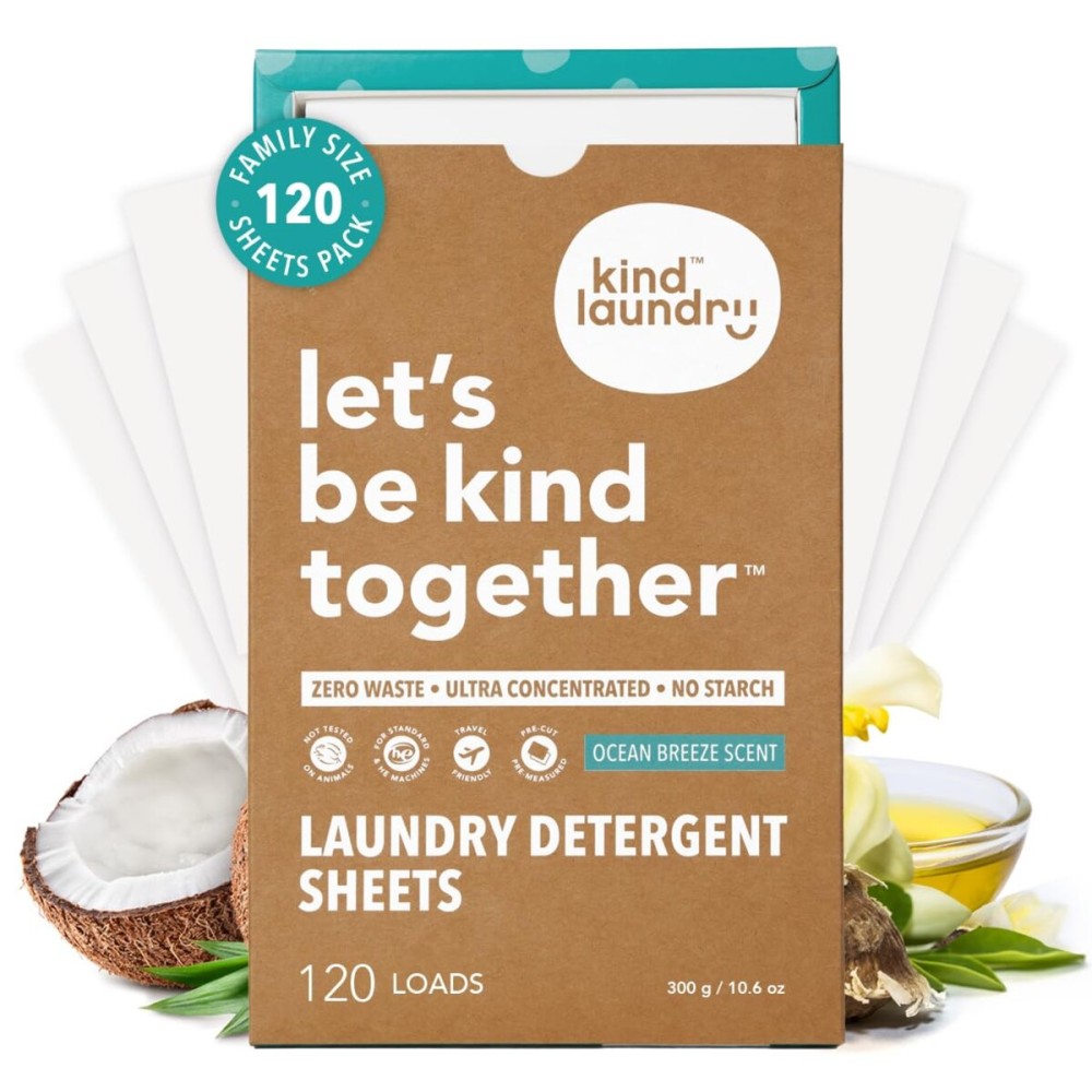 Kind Laundry Detergent Sheets with Stain-Fighting Enzymes - Plant Powered Eco-Friendly Laundry Soap Sheets - Home or Travel Laundry Detergent - Ocean Breeze, 120 Loads (Mom\'s Choice Award Winner)