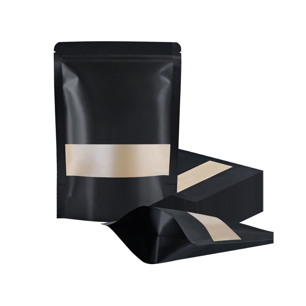 FireKylin 100 Pcs Resealable bags,6.7 x 9.4 Stand Up Black Paper Bags with Matte Window, Zipper Food Storage Bags for Packaging Products, Reusable, Sealable