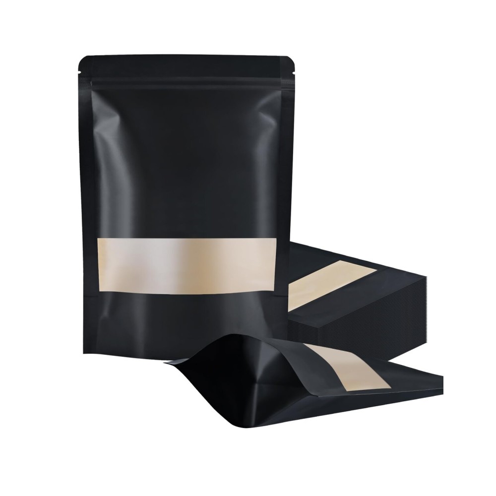 FireKylin 100 Pcs Resealable bags,7.1 x 10.2 Stand Up Black Paper Bags with Matte Window, Zipper Food Storage Bags for Packaging Products, Reusable, Sealable