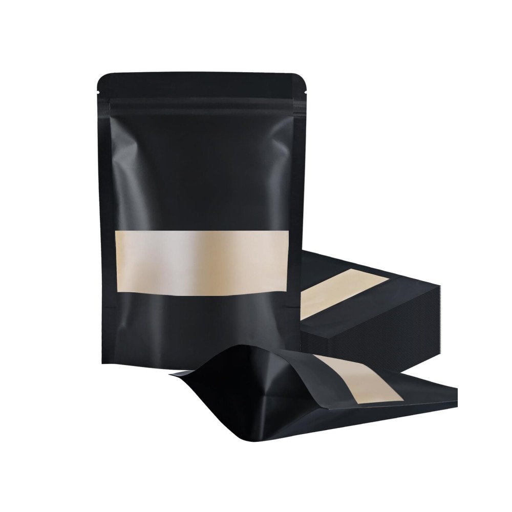 FireKylin 100 Pcs Resealable bags,5.9x 8.6 Stand Up Black Paper Bags with Matte Window, Zipper Food Storage Bags for Packaging Products, Reusable, Sealable