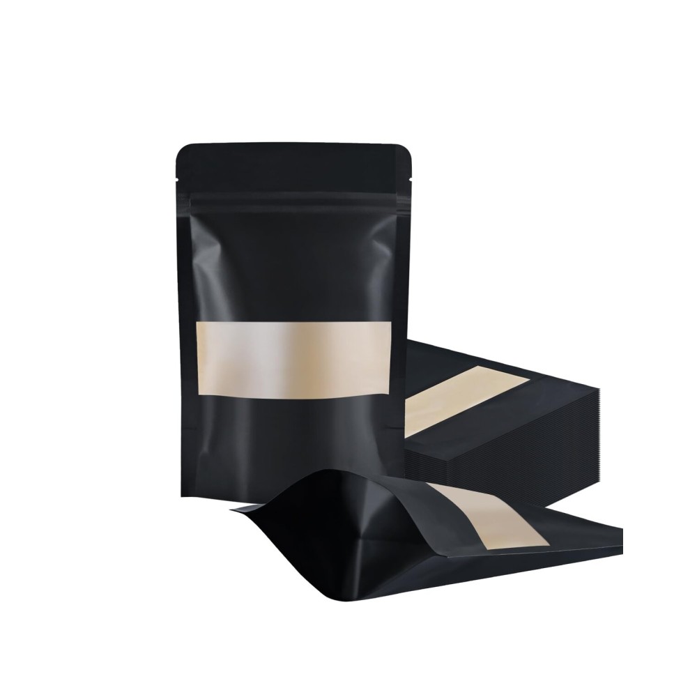 FireKylin 100 Pcs Resealable bags 3.5 x 5.5 Black Paper Bags Zipper Food Storage Bags, Stand Up, Reusable, Sealable, with Matte Window, Black, for Packaging Products