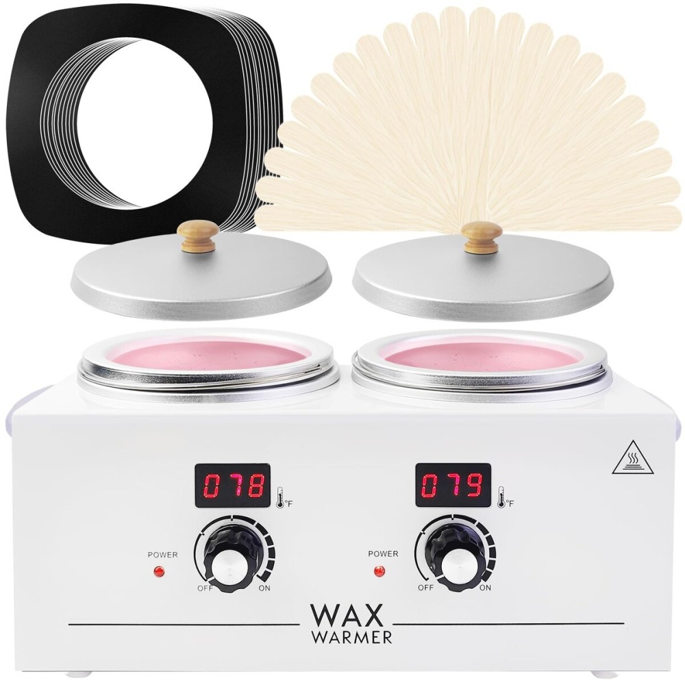 Portable Wax Warmer Machine for Painless Hair Removal, Women Men Professional Wax Heater with Adjustable Temperature Set, 20pcs Sticks (White - Double Pots-Digital)