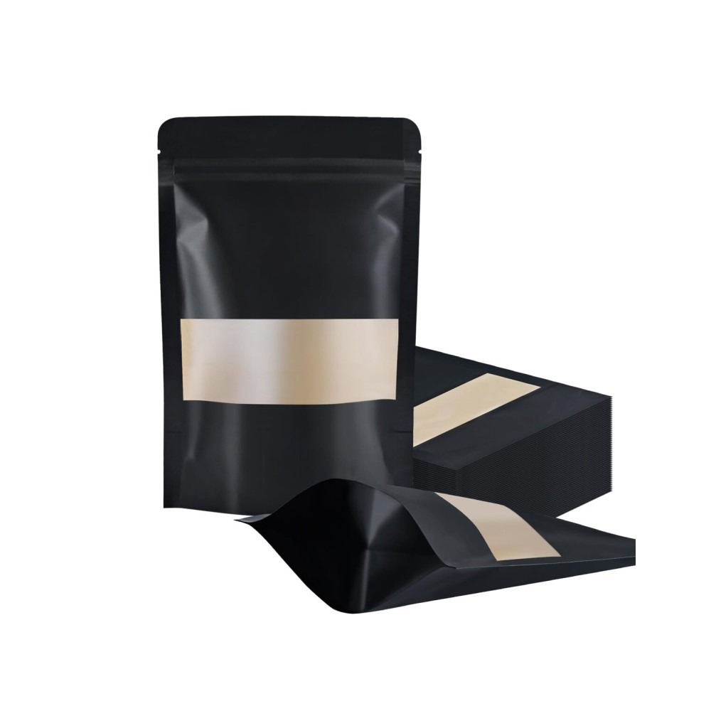 FireKylin 100 Pcs Resealable bags,4.7 x 7.9 Stand Up Black Paper Bags with Matte Window, Zipper Food Storage Bags for Packaging Products, Reusable, Sealable