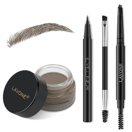 LAVONE Eyebrow Stamp Pencil Kit - Makeup Brow Stamp Trio with Waterproof Eyebrow Pencil, Eyeliner, Pomade, Dual-ended Brush - Dark Gray