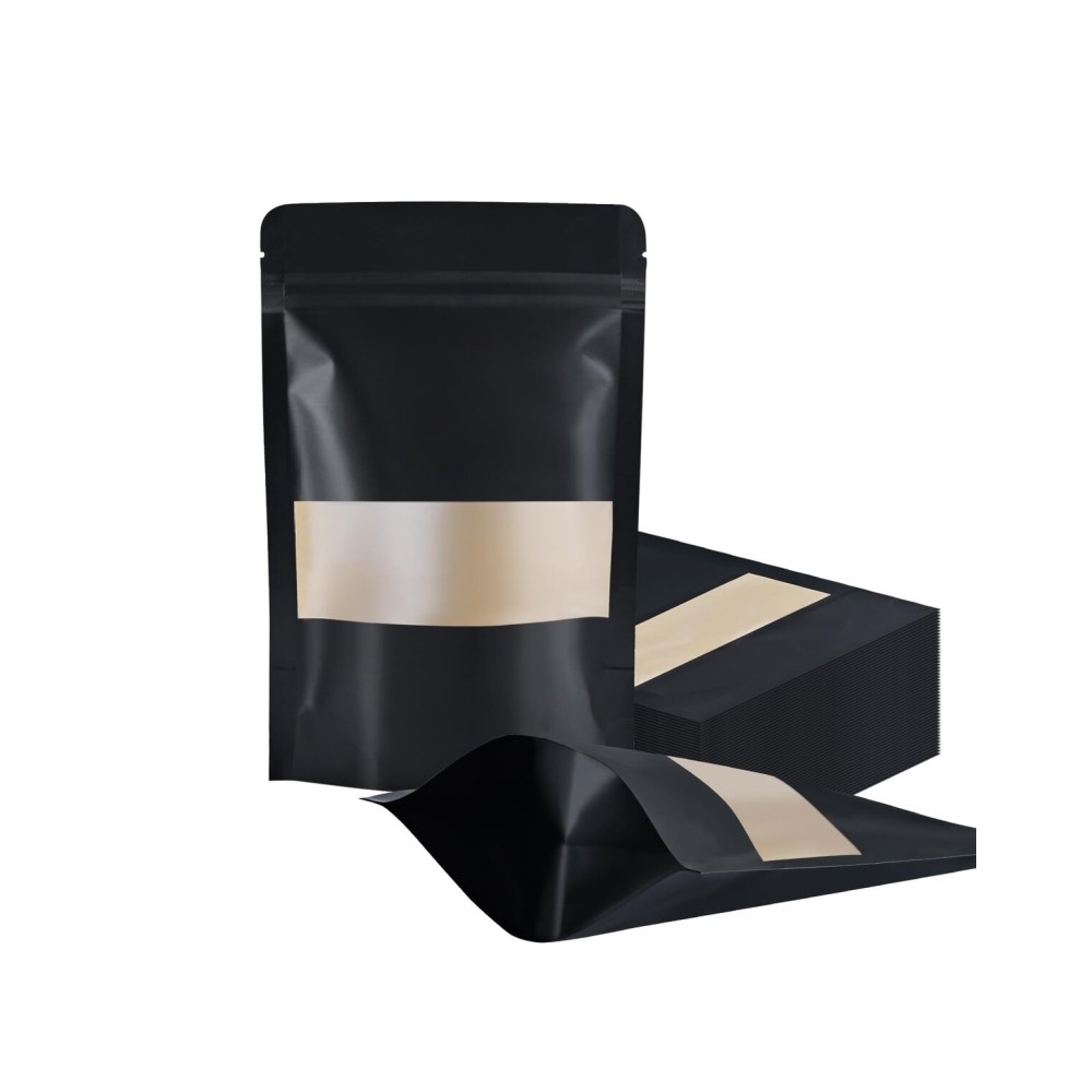 FireKylin 100 Pcs Resealable bags,3.9 x 5.9 Stand Up Black Paper Bags with Matte Window, Zipper Food Storage Bags for Packaging Products, Reusable, Sealable