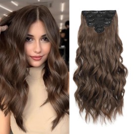 Fliace Clip in Hair Extensions for Women Chestnut Brown Long Wavy Hair Extensions Clip Ins 6PCS 16 Inch Synthetic Soft and Natural Thick Hair Pieces for Women