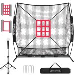 BAGAIL 7x7 ft Baseball & Softball Practice Net with Bow Frame for Batting, Hitting, Pitching, Portable Backstop Training Equipment with 2 Strike Zone, Tee, Carry Bag, Great for All Levels