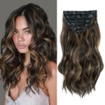 Fliace Clip in Long Wavy Synthetic Hair Extensions 16 Inch Black with Caramel Highlights 6PCS Thick Hairpieces Fiber Double Weft Hair for Women