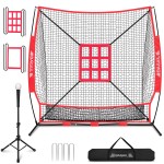BAGAIL 7x7 ft Baseball & Softball Practice Net with Bow Frame for Batting, Hitting, Pitching, Portable Backstop Training Equipment with 2 Strike Zone, Tee, Carry Bag, Great for All Levels