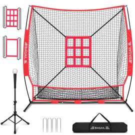 BAGAIL 7x7 ft Baseball & Softball Practice Net with Bow Frame for Batting, Hitting, Pitching, Portable Backstop Training Equipment with 2 Strike Zone, Tee, Carry Bag, Great for All Levels