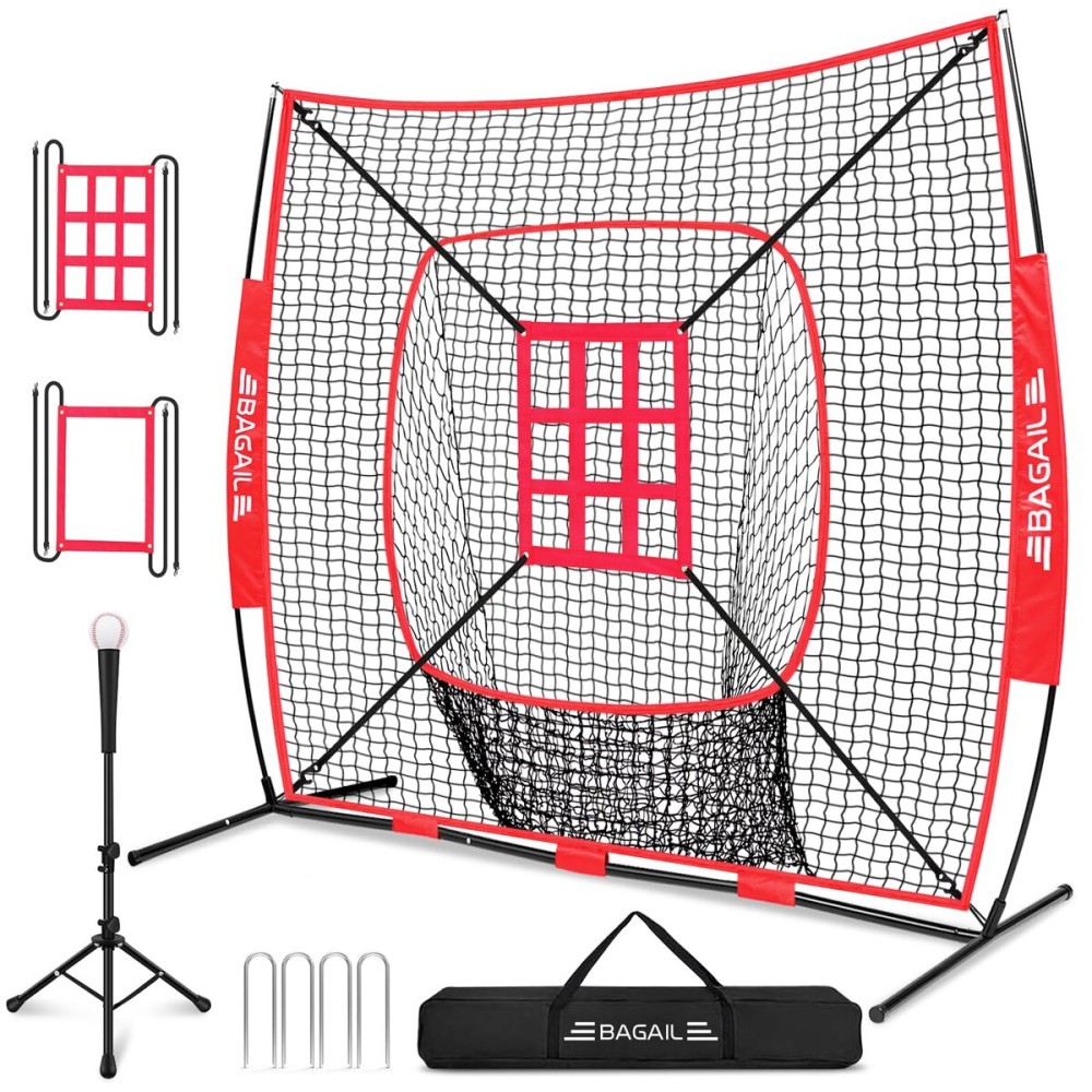 BAGAIL 7x7 ft Baseball & Softball Practice Net with Bow Frame for Batting, Hitting, Pitching, Portable Backstop Training Equipment with 2 Strike Zone, Tee, Carry Bag, Great for All Levels