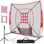 BAGAIL 7x7 ft Baseball & Softball Practice Net with Bow Frame for Batting, Hitting, Pitching, Portable Backstop Training Equipment with 2 Strike Zone, Tee, Carry Bag, Great for All Levels