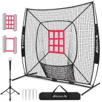 BAGAIL 7x7 ft Baseball & Softball Practice Net with Bow Frame for Batting, Hitting, Pitching, Portable Backstop Training Equipment with 2 Strike Zone, Tee, Carry Bag, Great for All Levels