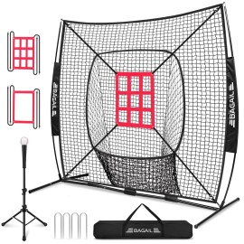 BAGAIL 7x7 ft Baseball & Softball Practice Net with Bow Frame for Batting, Hitting, Pitching, Portable Backstop Training Equipment with 2 Strike Zone, Tee, Carry Bag, Great for All Levels