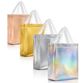 Nush Nush Luxury Gift Bags Set of 12 - Mix Color Set with 3 x Rose Gold, Silver, Iridescent & Gold - Reusable Gift Bags with Handles Medium Size - Ideal for Birthday, Bridal Shower, Wedding - 8X4X10