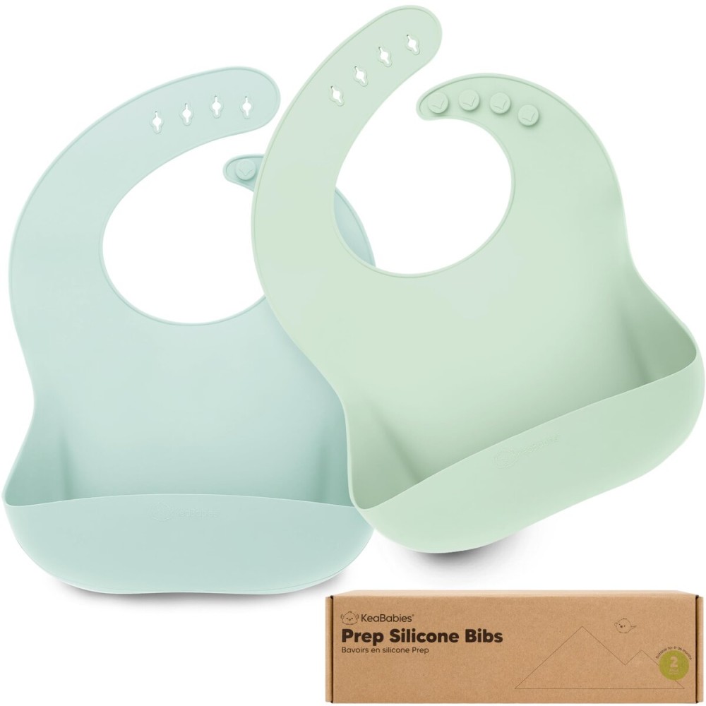 KeaBabies 2-Pack Silicone Baby Bibs for Eating - Sturdy Food-Grade Silicone Bibs for Babies Girl, Boy, Large Food Catcher, Clean & Put On Easily, Waterproof Toddler Feeding Essentials(Pastel Sky)