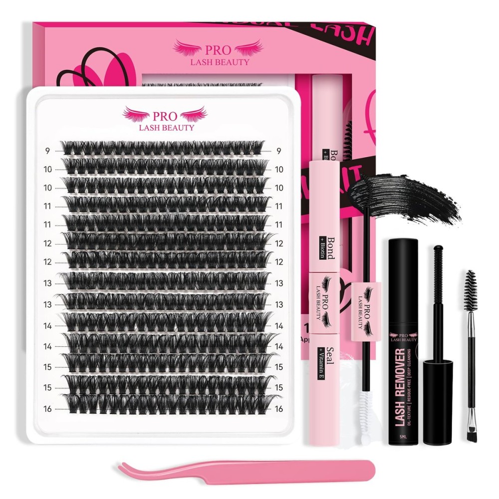 Lash Clusters Kit 280pcs Lash Clusters D Curl Eyelash Extension Kit Individual Lashes with Lash Bond and Seal Lash Applicator Easy to Apply at Home(80D-9-16mix Kit)