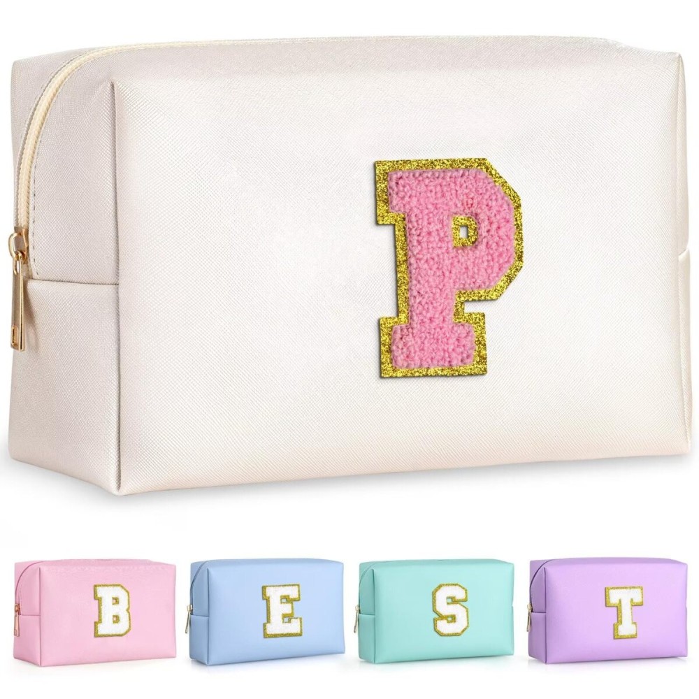 TOPEAST Personalized Makeup Bag, Chenille Letter Pouch Cosmetic Bag w Zipper, PU Leather Waterproof Toiletry Bag, Bridal Shower Gifts for Bridesmaids, Cute Stuff for Girls (Pearly White P)