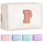 TOPEAST Personalized Makeup Bag, Chenille Letter Pouch Cosmetic Bag w Zipper, PU Leather Waterproof Toiletry Bag, Bridal Shower Gifts for Bridesmaids, Cute Stuff for Girls (Pearly White P)