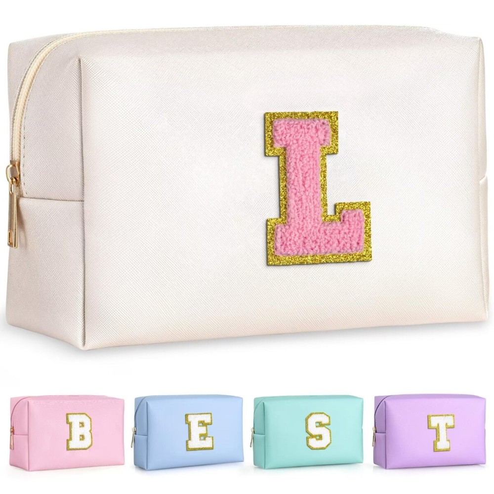 TOPEAST Personalized Birthday Gifts for Women, Preppy Patch Makeup Bag, Chenille Letter Pouch Cosmetic Bag, Travel Organizer, Gifts for Friends Cute Stuff for Women (Pearly White L)